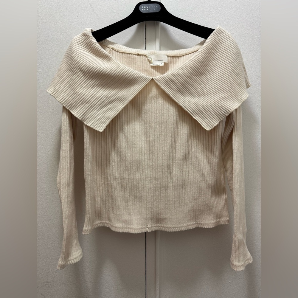 Anthropologie Women's Long Sleeve Collared Sweater cold shoulder cream Size M